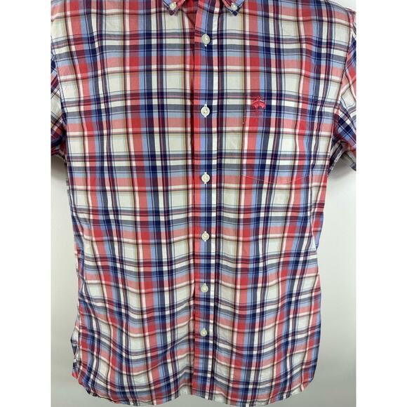 Brooks Brothers Plaid  Short Sleeve Button Up Chest Logo Size Medium Red White - Picture 9 of 9